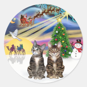 Pegatina Redonda Xmas Magic (R) - Dos gatos tabby marrones