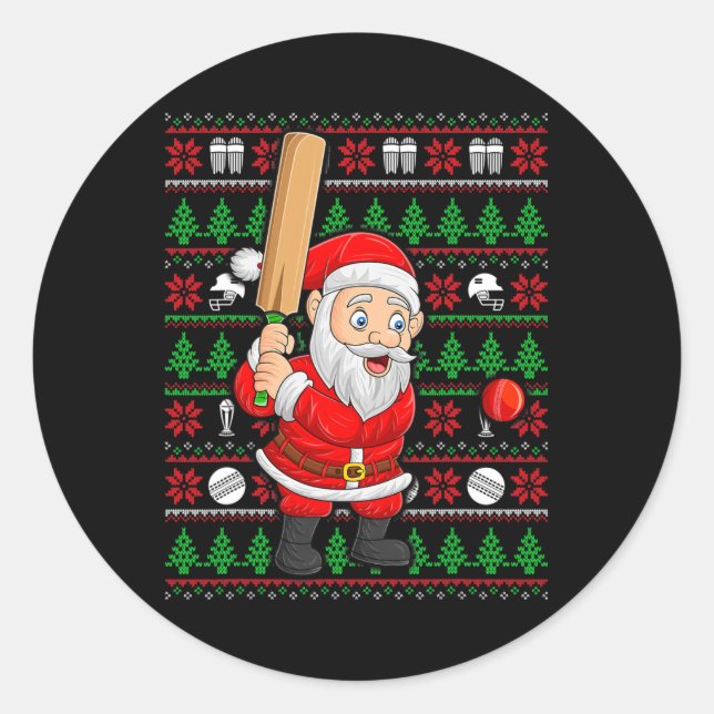 Pegatina Redonda Xmas Ugly Sweater Style Santa Playing Cricket Chri (Anverso)
