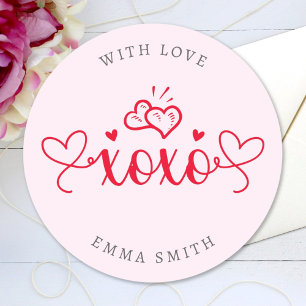 Pegatina Redonda XOXO Elegante Script Corazones Texto Personalizado