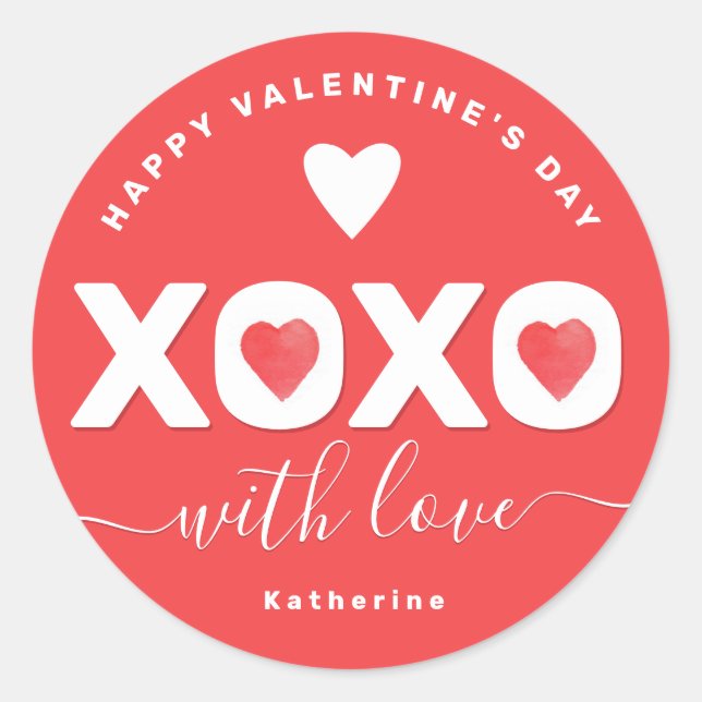 Pegatina Redonda XOXO Red Valentine's Day Personalized Name (Anverso)