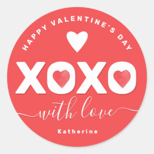 Pegatina Redonda XOXO Rojo Día de San Valentín Nombre Personalizado