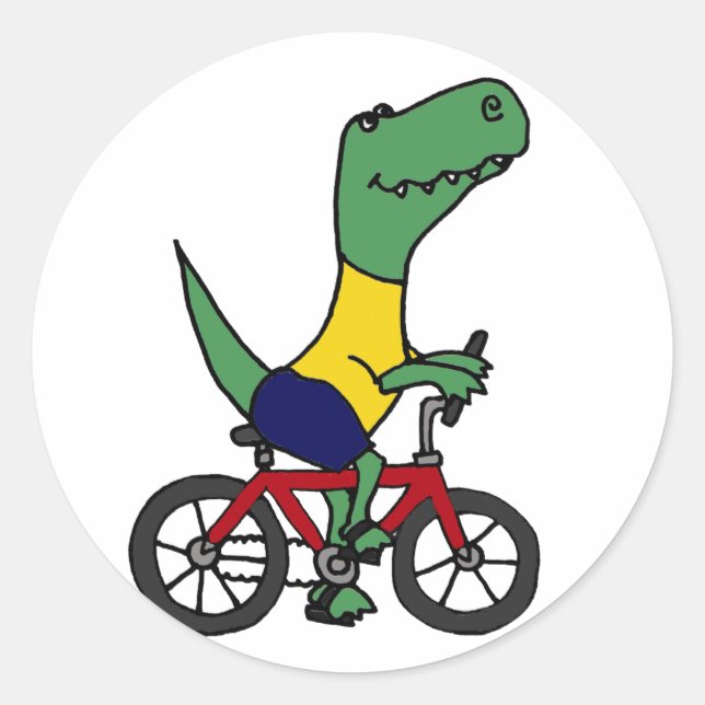 Pegatina Redonda XX- Graciosa bicicleta T-rex Dinosaur Riding (Anverso)
