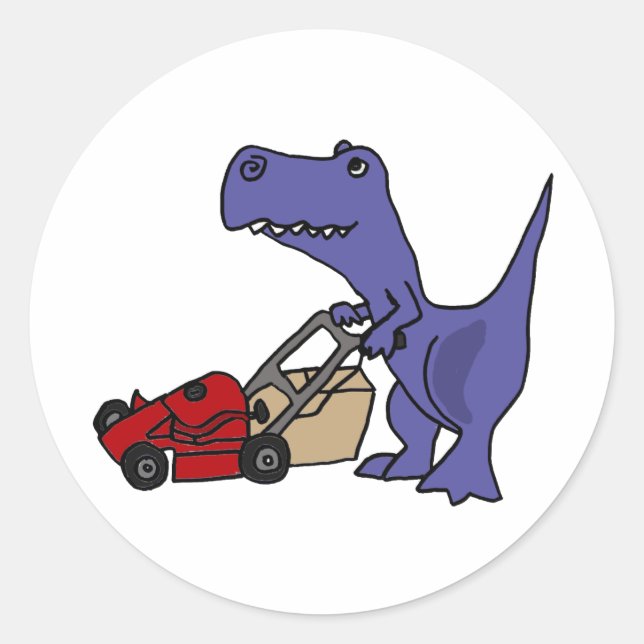 Pegatina Redonda XX- T-rex Dinosaur Pushing Lawn Mower (Anverso)