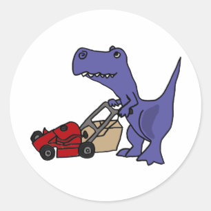 Pegatina Redonda XX- T-rex Dinosaur Pushing Lawn Mower