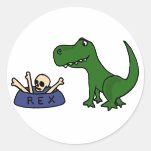 Pegatina Redonda XY- Gracioso dinosaurio T-Rex y cráneo en Bowl