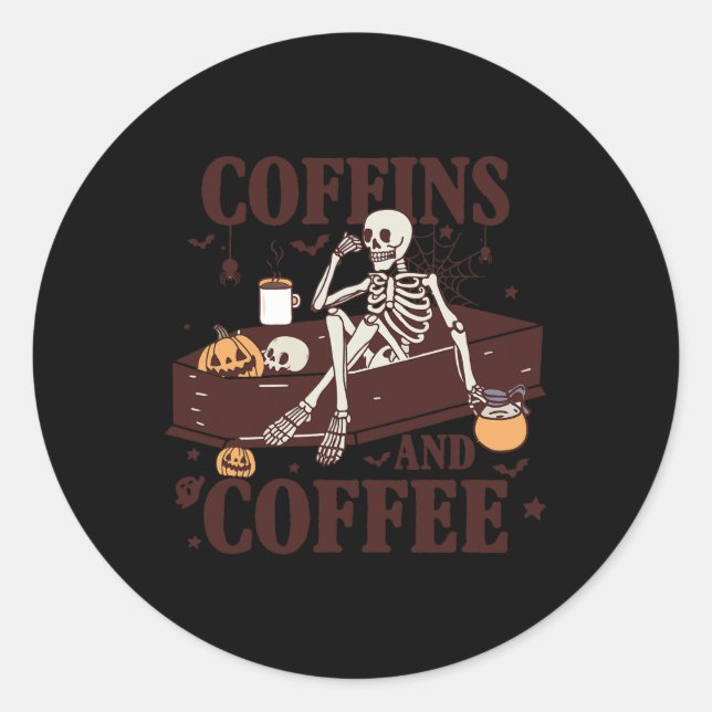 Pegatina Redonda Y Coffee Funny Skeleton Halloween (Anverso)