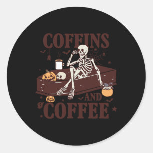 Pegatina Redonda Y Coffee Funny Skeleton Halloween