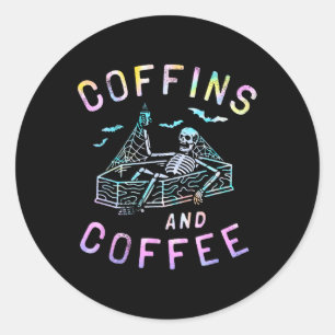 Pegatina Redonda Y Coffee Funny Skeleton Tie Dye Retro Halloween