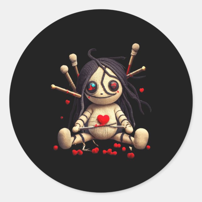 Pegatina Redonda Y Cute Sitting Voodoo Doll Halloween Valentine Day (Anverso)