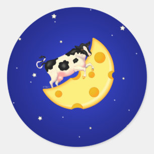 Pegatina Redonda Y la vaca saltó sobre la luna de queso