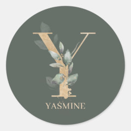 Pegatina Redonda Y Monograma Floral Personalizado