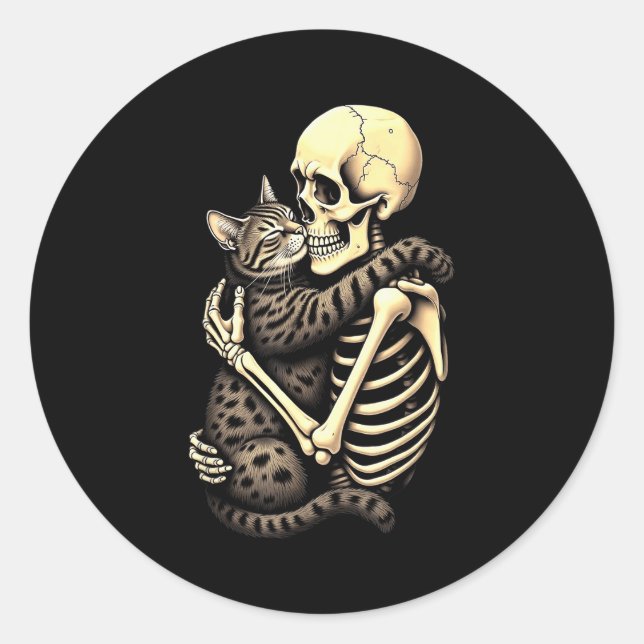 Pegatina Redonda Y Skeleton Hugging Cat Halloween Lovers Human Pro  (Anverso)