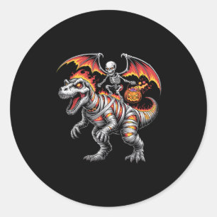 Pegatina Redonda Y Skeleton Riding Dinosaur T-rex Halloween Calabaz