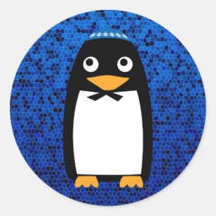 Pegatina Redonda Yarmulke judío feliz del pingüino de Jánuca