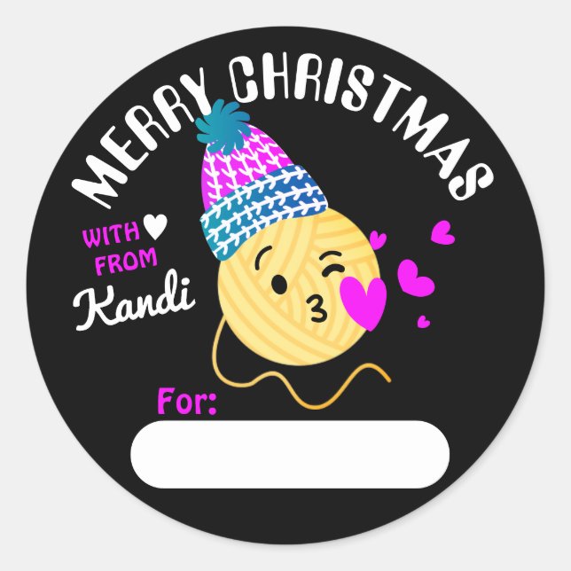 Pegatina Redonda Yarn emoji cara besada tejiendo crochet Navidad (Anverso)