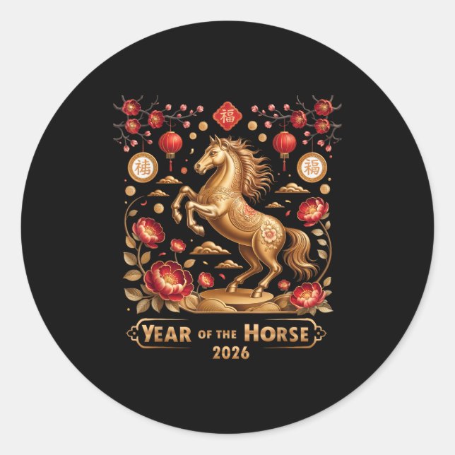 Pegatina Redonda Year Of The Horse Happy New Year 2026  (Anverso)