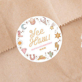 Pegatina Redonda ¡Yee Haw! Western Disco Cowgirl Birday Party