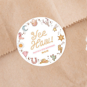 Pegatina Redonda ¡Yee Haw! Western Disco Cowgirl Birday Party