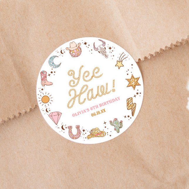 Pegatina Redonda ¡Yee Haw! Western Disco Cowgirl Birday Party (Subido por el creador)