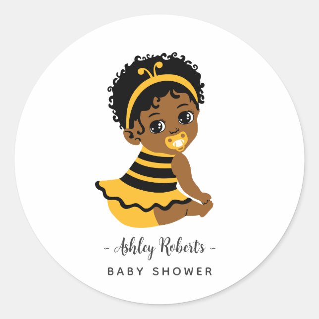 Pegatina Redonda Yellow Black Bee Baby Shower (Anverso)