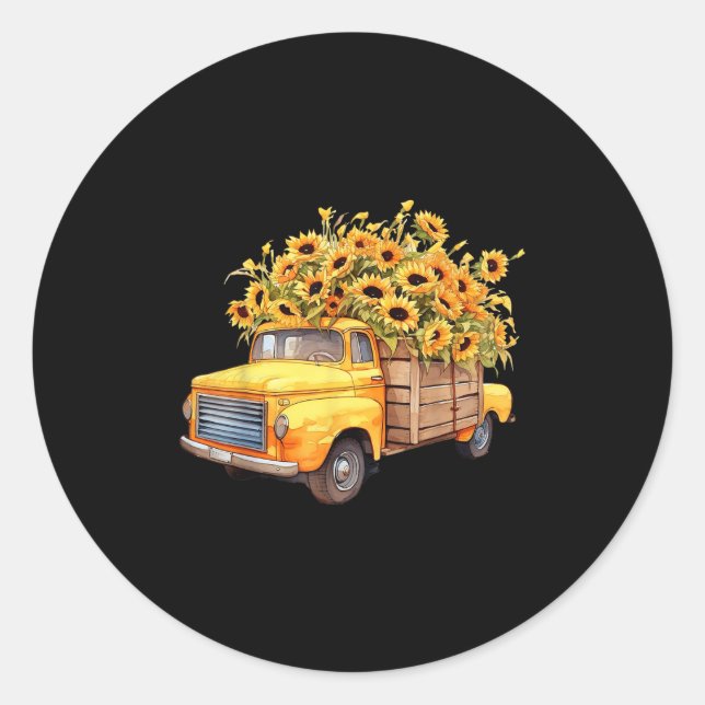 Pegatina Redonda Yellow Ckup Truck Sunflower Autumn Halloween Thank (Anverso)