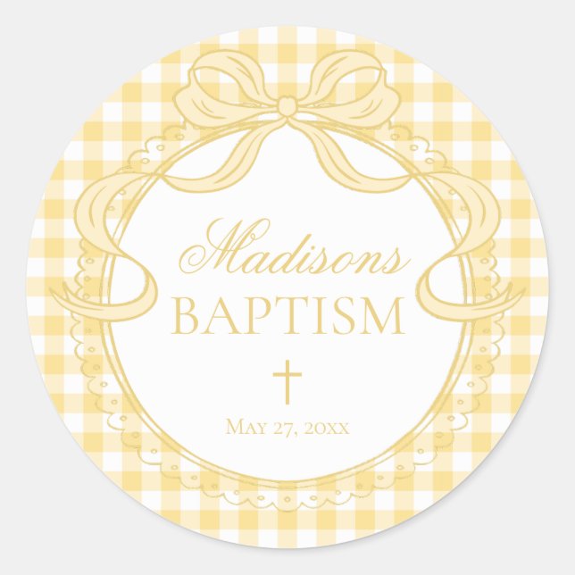 Pegatina Redonda Yellow Gingham Coquette Bow Baptism Envelope Seal (Anverso)