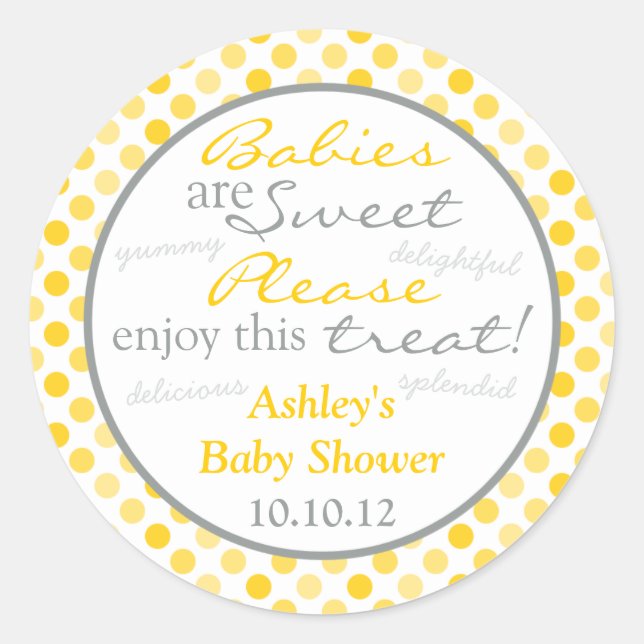 Pegatina Redonda Yellow Gray Polka Dot Candy Buffet Baby Shower (Anverso)