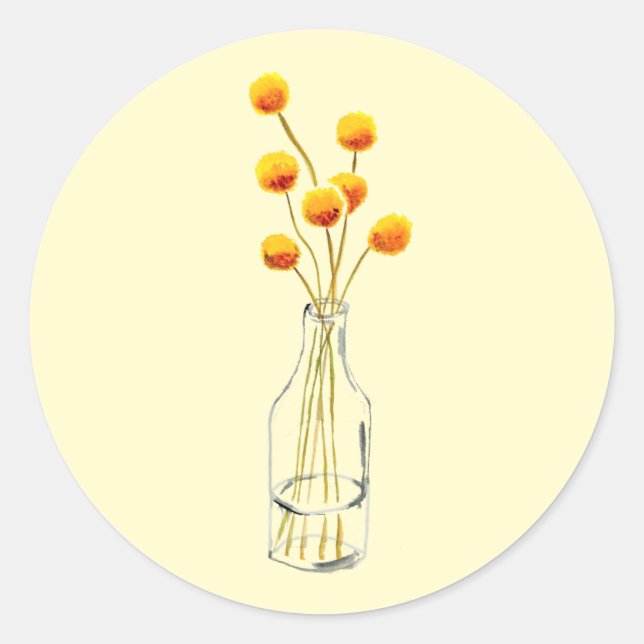 Pegatina Redonda Yellow happy Billy Button flores arte australiano (Anverso)