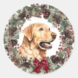 Pegatina Redonda Yellow Lab Red Bow Pinecone Wreath Navidades