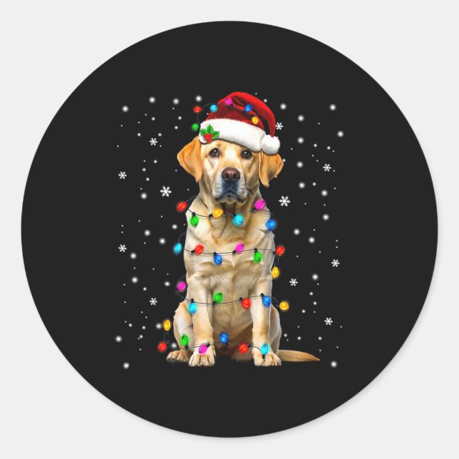 Pegatina Redonda Yellow Labrador Retriever Christmas Tree Light Paj (Anverso)