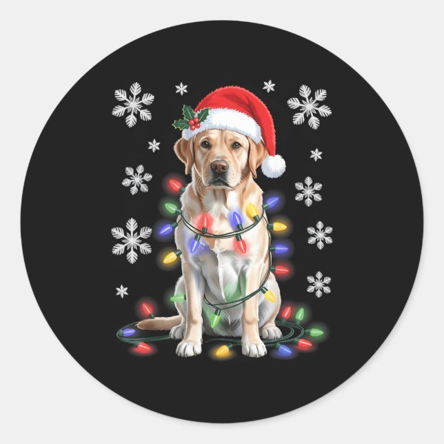 Pegatina Redonda Yellow Labrador Retriever Christmas Tree Light Paj (Anverso)