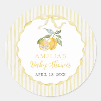 Pegatina Redonda Yellow Lemon Citrus Stripes Baby Shower Sticker