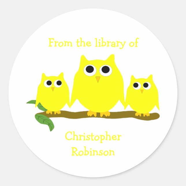 Pegatina Redonda Yellow Owls Design Bookplate (Anverso)