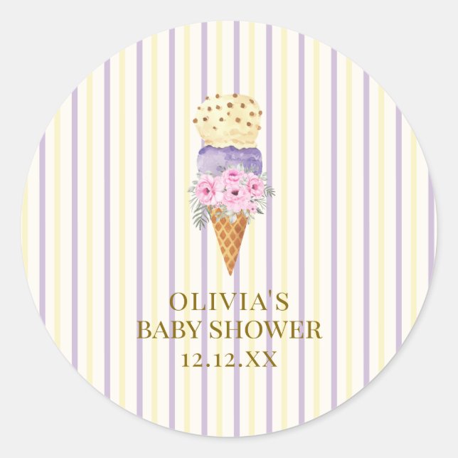 Pegatina Redonda Yellow Purple Flower Scoop Ice Crema Baby Shower (Anverso)