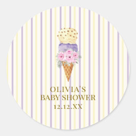 Pegatina Redonda Yellow Purple Flower Scoop Ice Crema Baby Shower