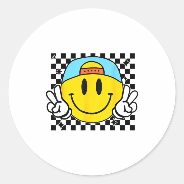 Pegatina Redonda Yellow Smile Face Cute Checkered Peace Smiling Hap (Anverso)