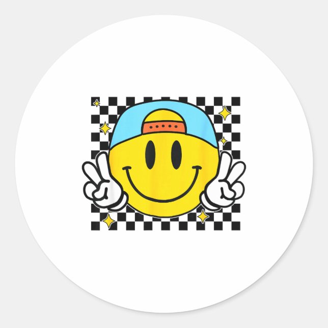 Pegatina Redonda Yellow Smile Face Cute Checkered Peace Smiling Hap (Anverso)