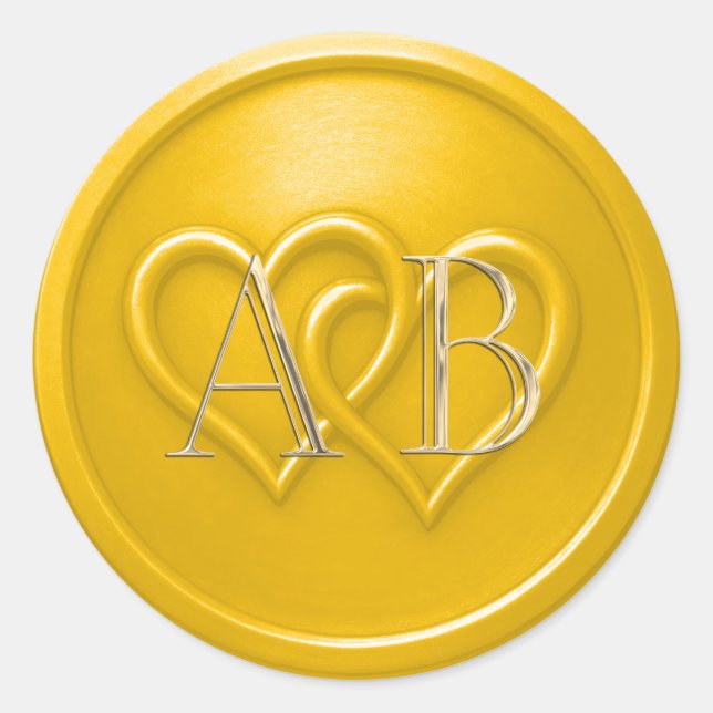 Pegatina Redonda Yellow Two Hearts Intertwined Monogram Wedding (Anverso)