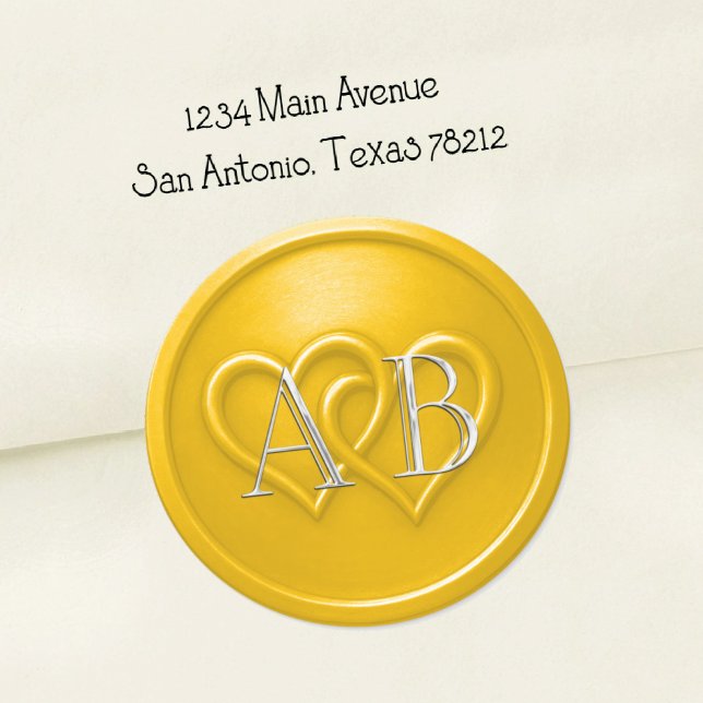 Pegatina Redonda Yellow Two Hearts Silver Monogram Wedding (Subido por el creador)