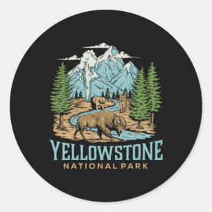 Pegatina Redonda Yellowstone Parque Nacional Estadounidense Wolf Bi