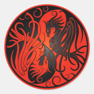 Pegatina Redonda Yin rojo y negro Yang Phoenix