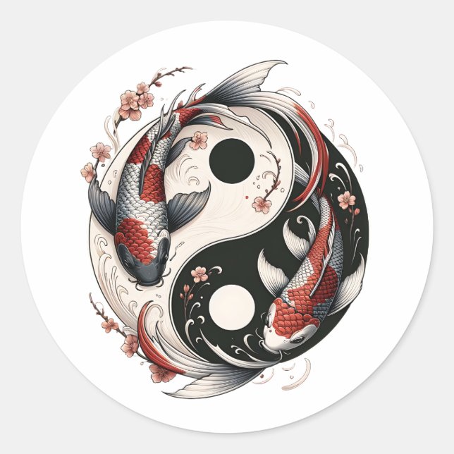Pegatina Redonda Yin Y Yang Japonés Koi Fish (Anverso)