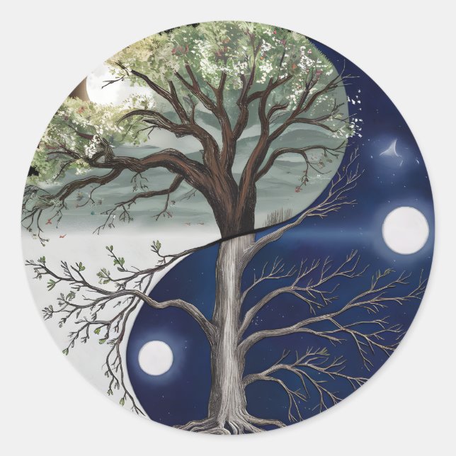 Pegatina Redonda Yin Yang, árbol de la vida (Anverso)