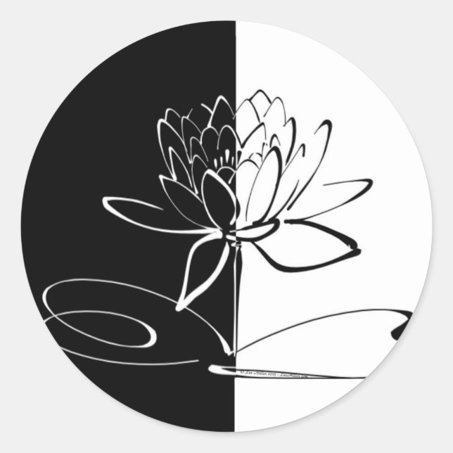 Pegatina Redonda Yin Yang Black White Lotus Blossom (Anverso)