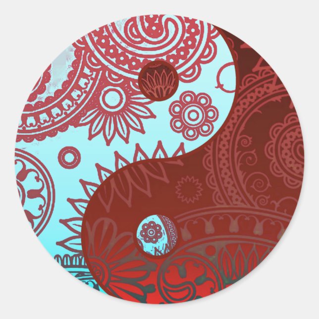 Pegatina Redonda Yin Yang con patrones rojo y azul (Anverso)