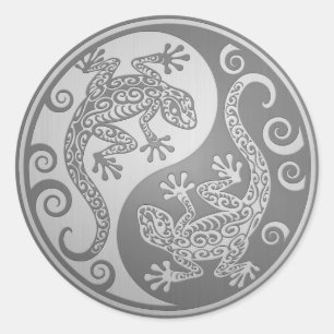 Pegatina Redonda Yin Yang Geckos, efecto de acero inoxidable