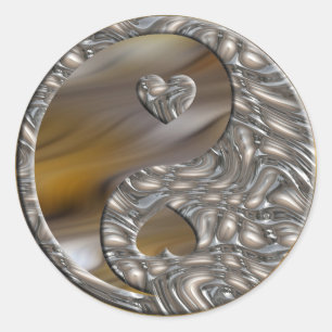 Pegatina Redonda Yin & Yang / Hearts SILVER ondas amarillas oscur