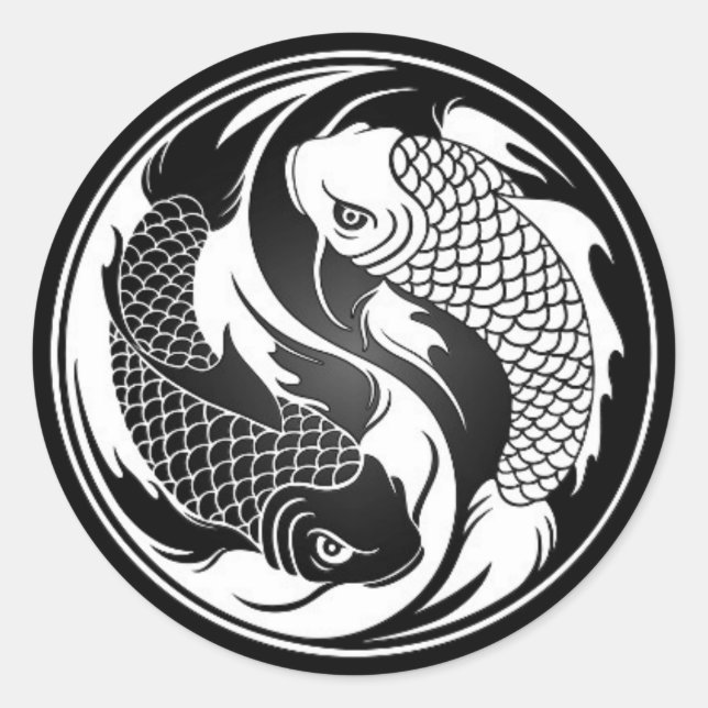 Pegatina Redonda Yin Yang Koi Fish blanco y negro (Anverso)