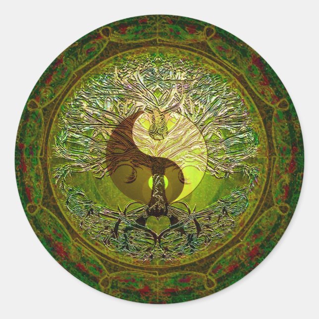 Pegatina Redonda Yin Yang Mandala verde con un árbol de la vida (Anverso)