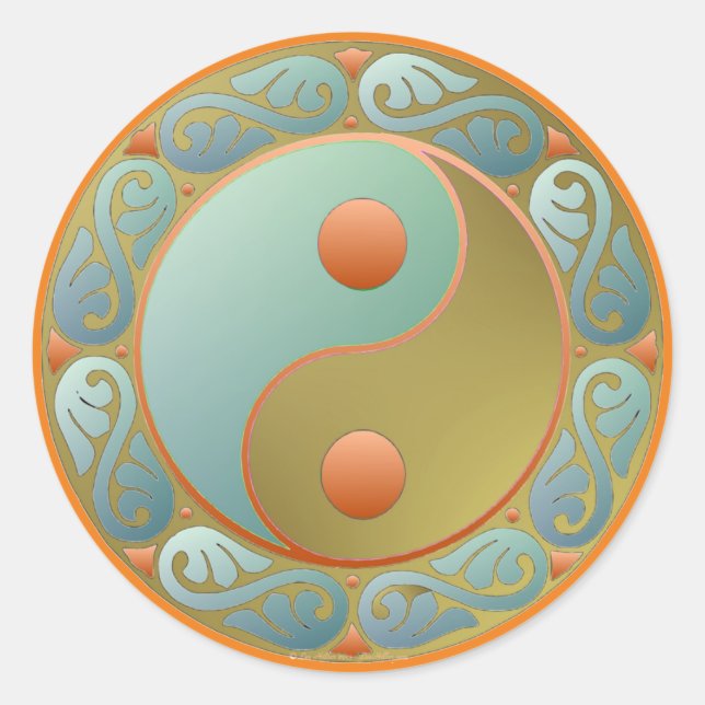 Pegatina Redonda Yin Yang Medallion Gold Turquoise (Anverso)
